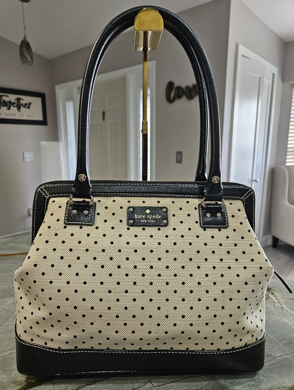 Kate Spade NY Black & White Polka Dot Canvas Satchel | Top Handle Bag-Large - Picture 13 of 17